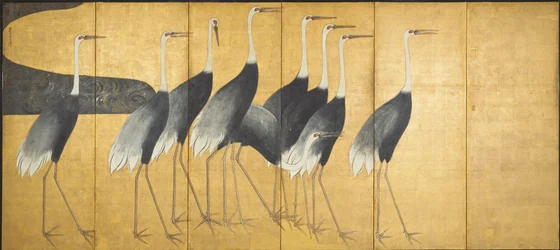 Sechsteiliges Paravent mit Kranichen, Edo-Periode